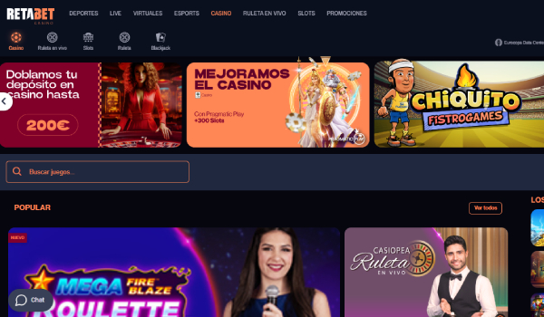 Interfaz de Retabet Casino